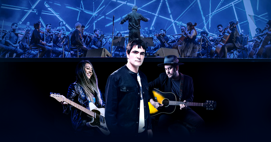 Imagem promocional do Sinfonia Samsung Rock. Lari Basilio, Samuel Rosa e Rodrigo Suricato com a orquestra ao fundo.