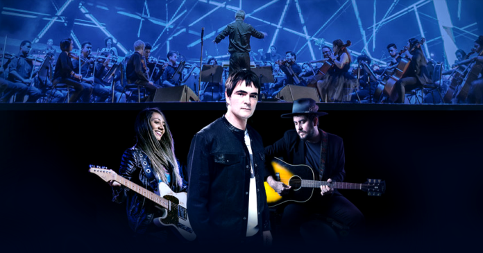Sinfonia-Samsung-Rock Imagem promocional do Sinfonia Samsung Rock. Lari Basilio, Samuel Rosa e Rodrigo Suricato com a orquestra ao fundo.