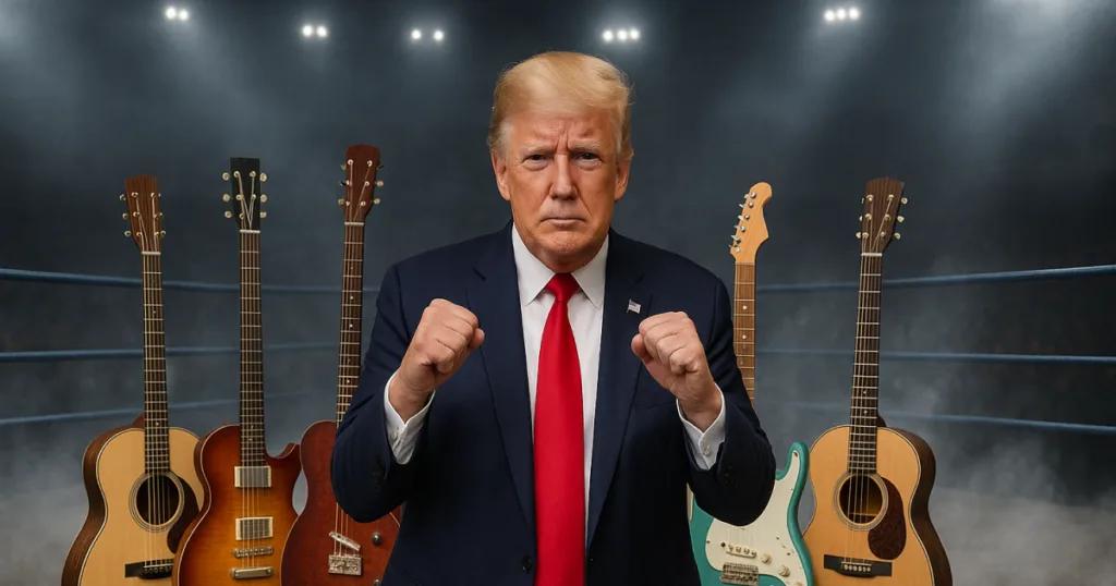 Instrumentos das marcas Fender, Gibson, PRS e MArtin e Donald Trump. Imagem simboliza a luta das marcas contra as tarifas do governo dos EUA