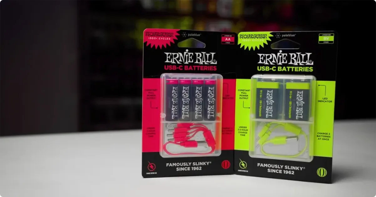 Ernie Ball lança pilhas recarregáveis USB-C AA e 9 V para pedais, sistemas sem fio e mais