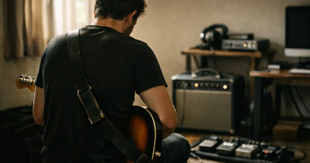 Guitarrista de costas em home studio simples, tocando guitarra elétrica com amplificador e pedaleira ao fundo, em ambiente de estudo e concentração.