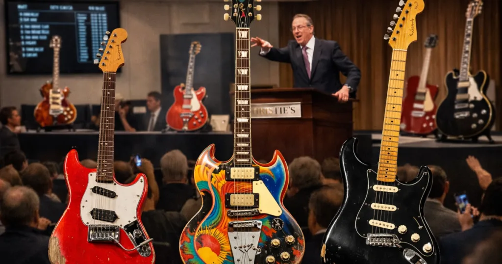 Venda histórica da coleção Jim Irsay inclui Stratocaster de David Gilmour por US$ 14,5 milhões e outros instrumentos icônicos do rock.
