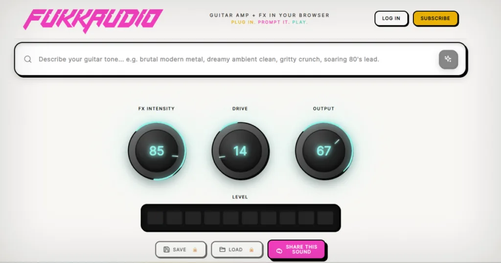 Conheça o FUKKAUDIO, gerador de timbres por texto direto no navegador Teste o FUKKAUDIO e transforme suas ideias em timbres de guitarra com inteligência artificial.