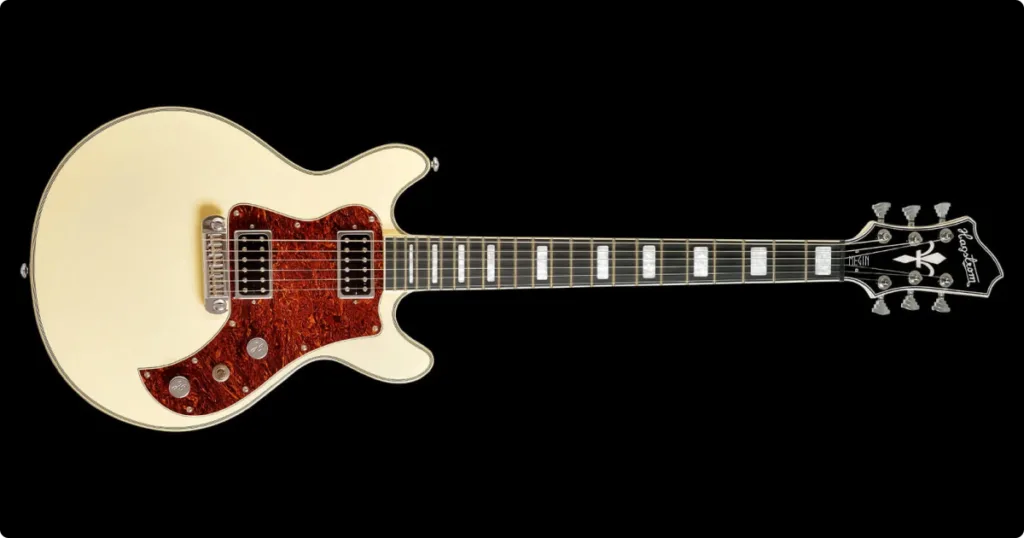 Hagstrom apresenta modelo com ponte fixa, braço estável e timbre equilibrado para performance.