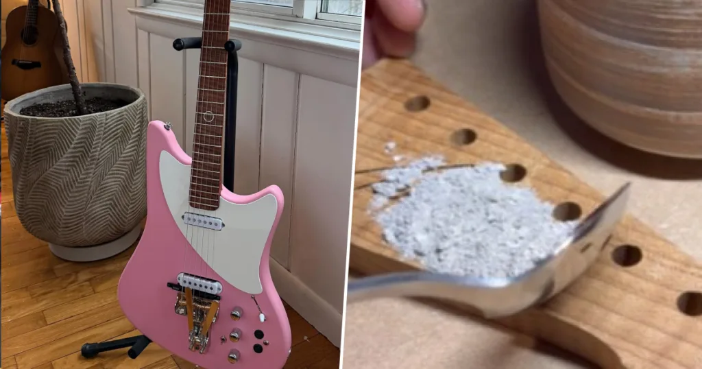 Luthier transforma luto em arte e cria guitarra com cinzas e aliança da esposa Construção levou meses e exigiu pausas constantes devido ao impacto emocional envolvido no processo.