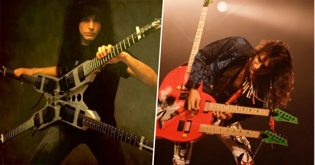 Origem da Quad Guitar expõe a lógica competitiva do rock oitentista e a disputa estética entre virtuoses como Batio e Steve Vai.