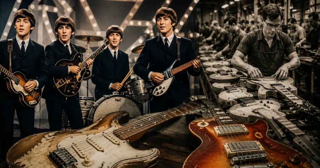Músico desafia consenso histórico e culpa os Beatles pela queda na qualidade das guitarras Brad Allen Williams diz que o sucesso dos Beatles provocou uma explosão na demanda por guitarras e mudou para sempre a fabricação de instrumentos.
