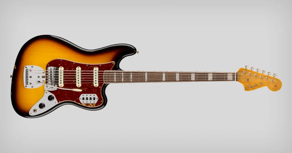 Fender Custom Shop reproduz o Bass VI usado por George Harrison, incluindo acabamento Relic e detalhes particulares do instrumento original.