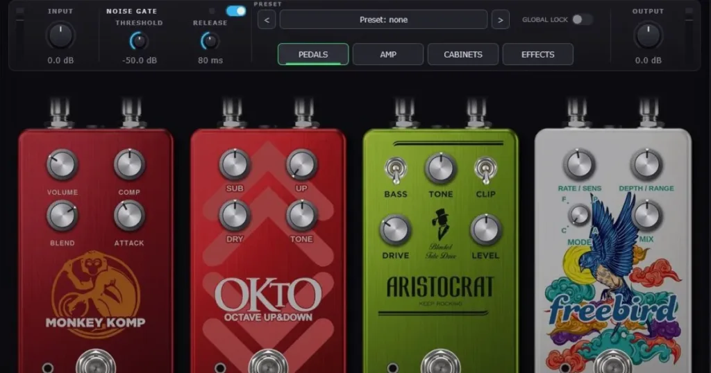 O software reúne quatro pedais virtuais, amplificador com voicing britânico, simulador de caixas, efeitos e suporte a capturas NAM e NAM A2.