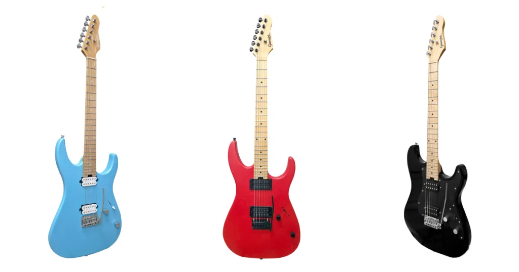 As versões Red, Black e Blue compartilham corpo de basswood, dois humbuckers e ponte de dois pivôs, mas diferem nos materiais, no acabamento e nas ferragens.