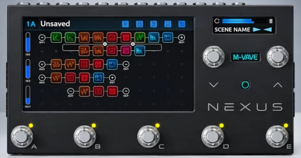 Nova pedaleira M-VAVE NEXUS pode trazer roteamento de sinal avançado, função Trails e suporte a Neural Amp Modeler. Especificações ainda não foram confirmadas.